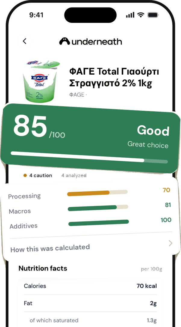 A strained yogurt scored 85 out of 100 and marked Good, with its own breakdown and nutrition facts
