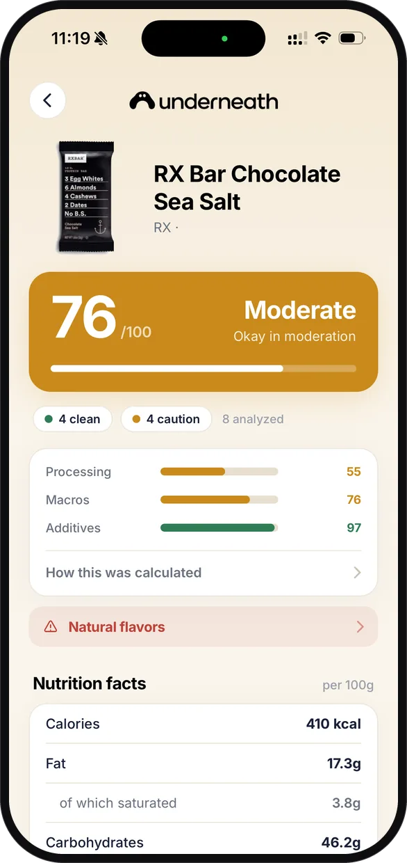 An RX Bar Chocolate Sea Salt scored 76 out of 100 and marked Moderate, with processing 55, macros 76 and additives 97 broken out, and natural flavors flagged